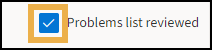 Problems list reviewed checkbox with a yellow highlight around the checkbox.